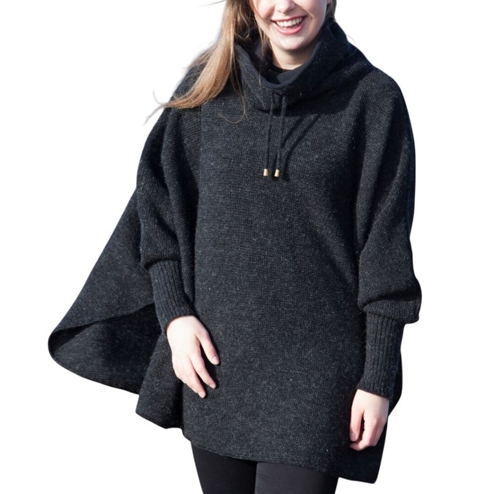 Kidka Icelandic Wool Poncho Cowl Neck Charcoal Gray Fleece Lined Collar One Size
